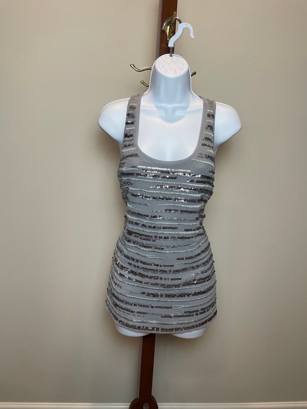 Express Gray Sleeveless Metallic Sequin Front Top Size S